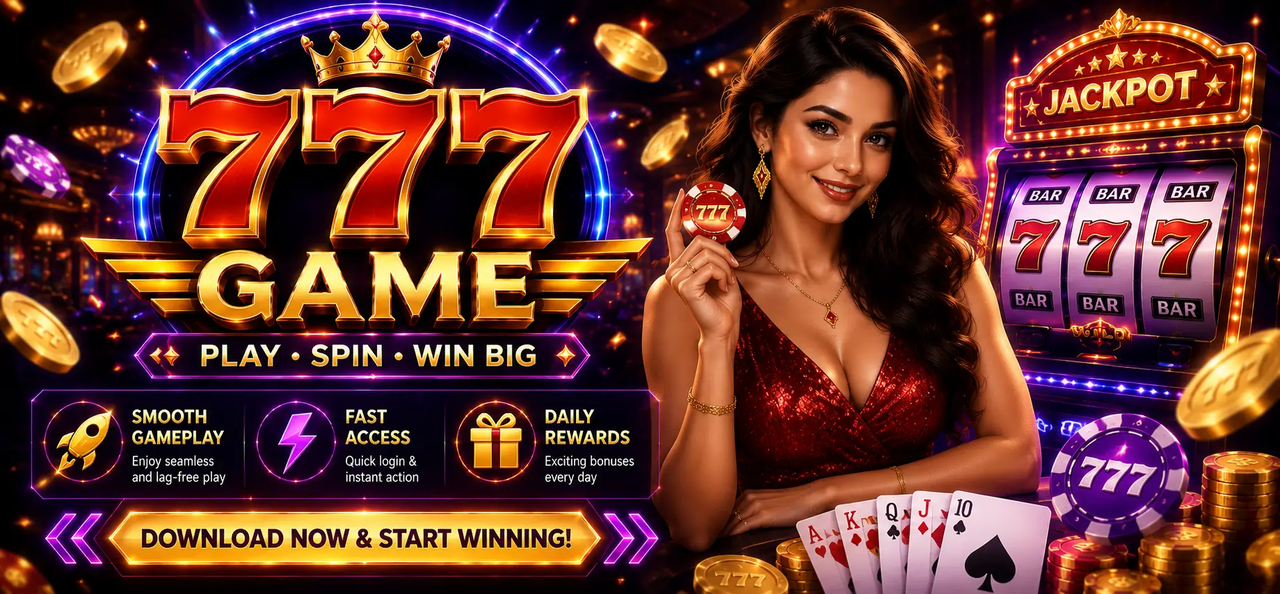 Premium 777 Game featured banner with cinematic neon lighting, vibrant gold and purple visuals, realistic slot-style gaming environment, stylish character artwork, and bold typography highlighting smooth gameplay and daily rewards.