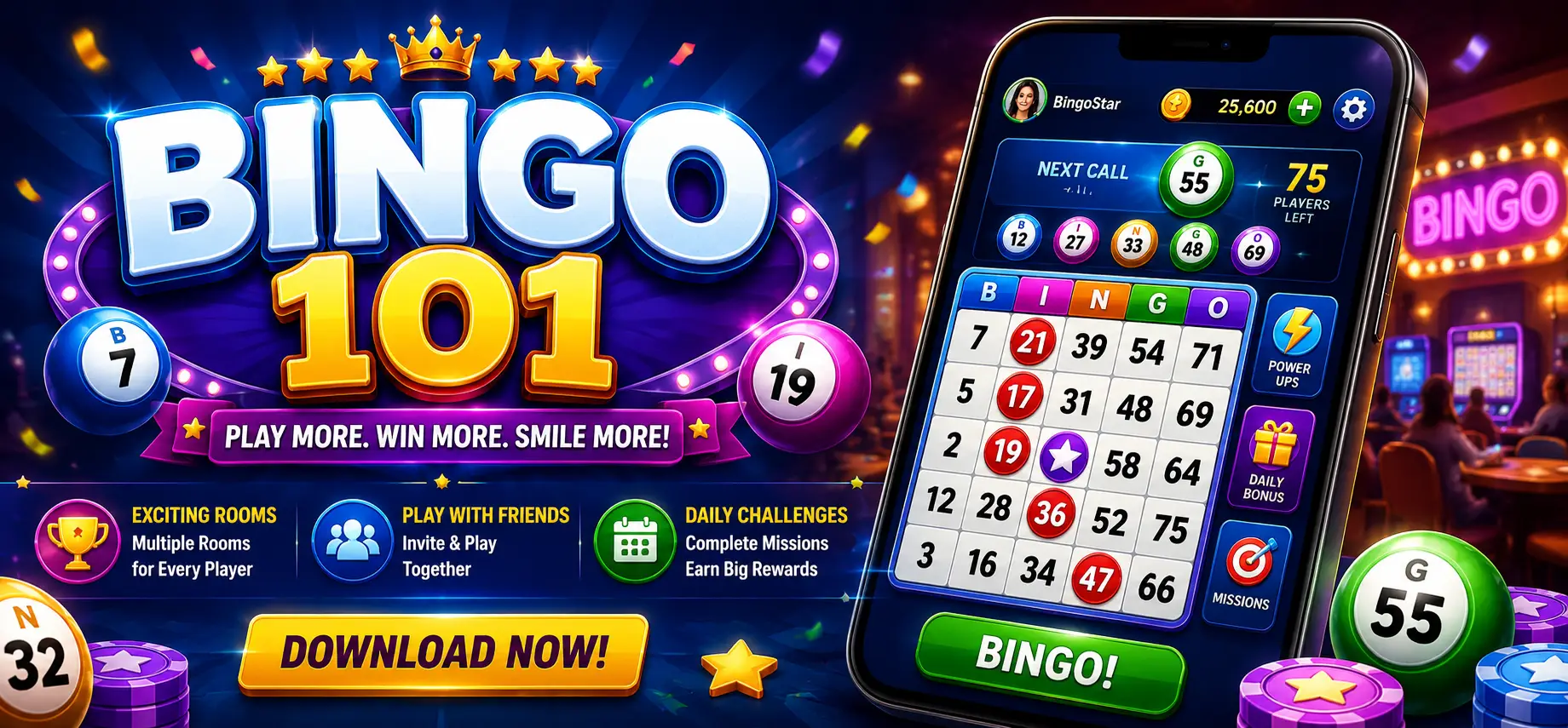 Premium featured banner for Bingo 101 mobile game showcasing a vibrant multiplayer bingo interface with glowing numbered balls, colorful arcade lighting, modern mobile UI, and energetic social gameplay atmosphere.