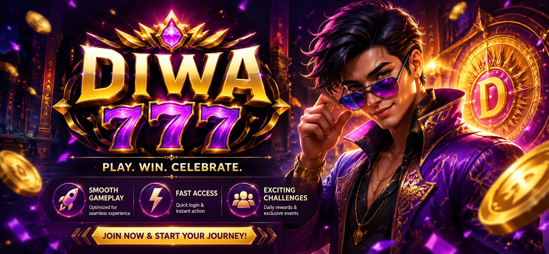 Cinematic featured banner for Diwa 777 mobile game featuring a stylish character in a glowing purple and gold environment with bold typography, smooth gameplay highlights, fast access features, and exciting daily challenges.