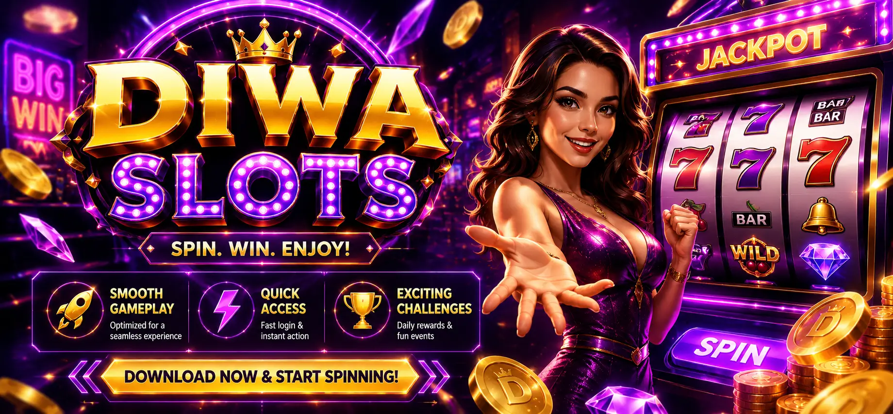 High-energy Diwa Slots featured banner with glowing neon purple and gold visuals, modern arcade-inspired typography, cinematic lighting, and feature highlights promoting smooth gameplay, quick access, and exciting challenges.