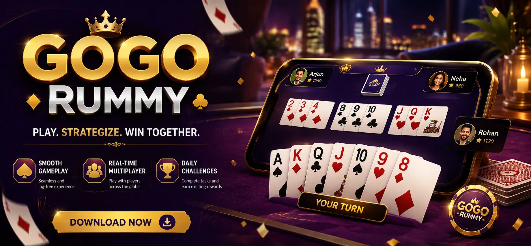 Gogo Rummy App gameplay screen showing rummy card table on Android