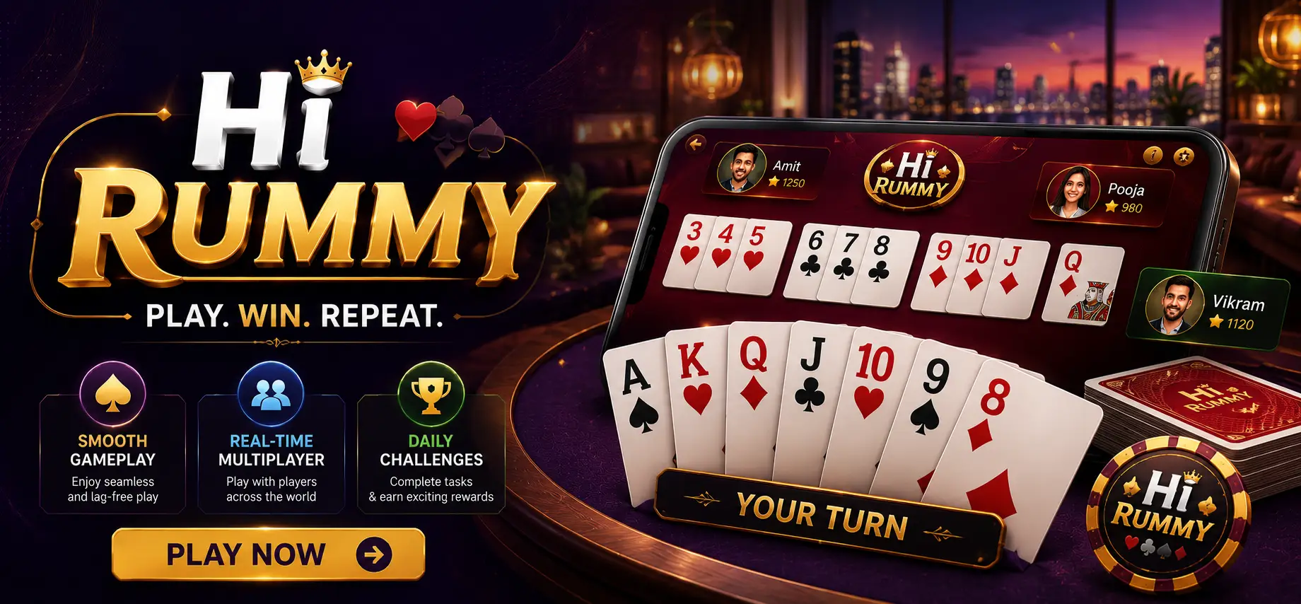 Hi Rummy App rummy card game table interface on an Android device