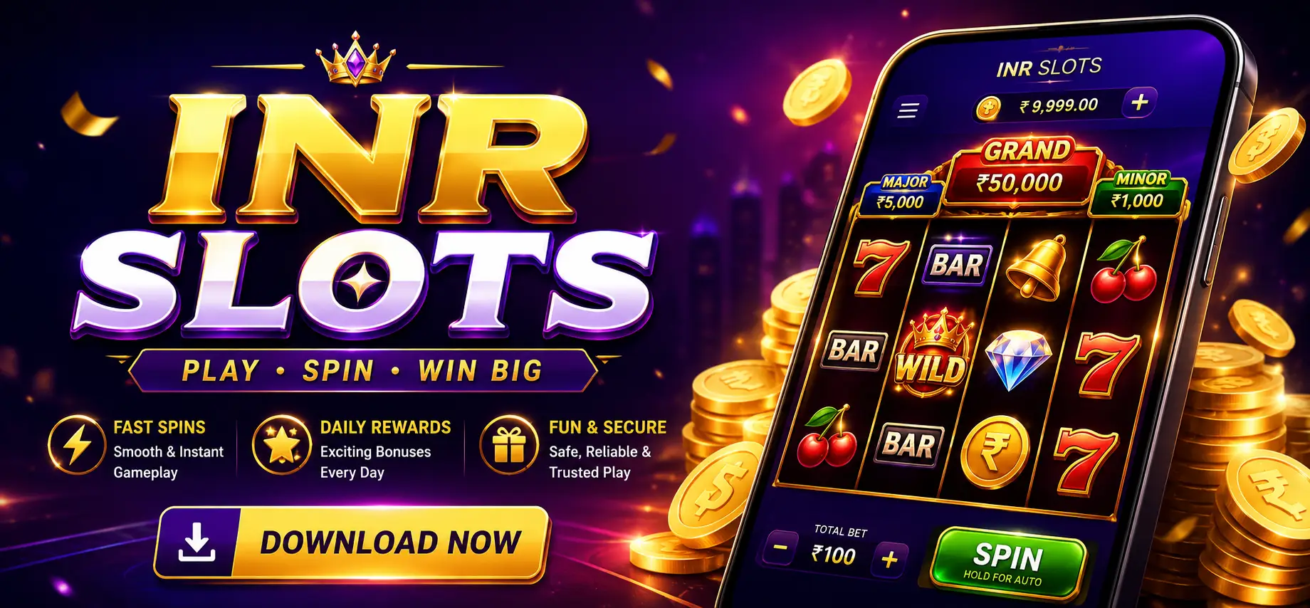 Modern neon-style featured banner for INR Slots mobile arcade game featuring glowing futuristic UI, vibrant purple and gold lighting, immersive spin interface, premium typography, and cinematic mobile gameplay visuals.