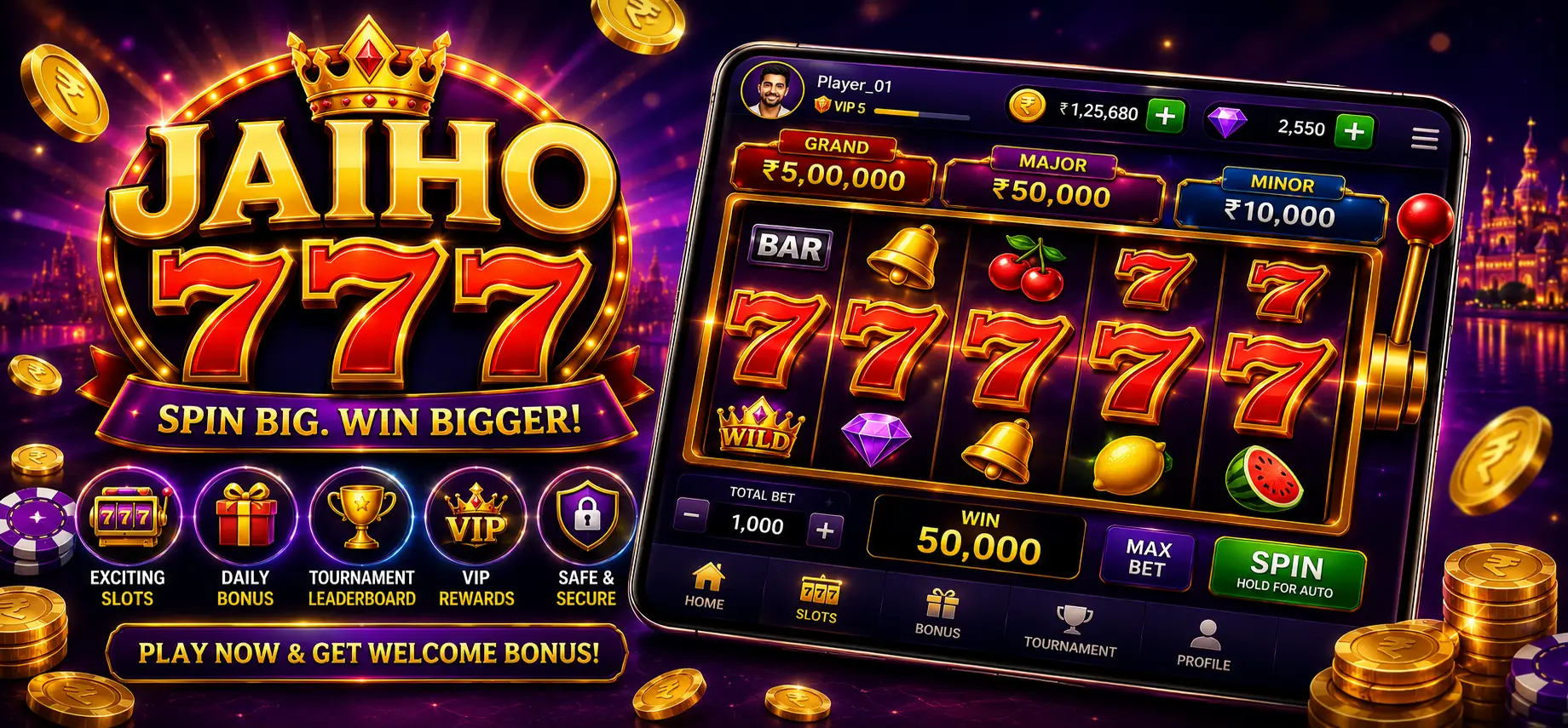Jaiho 777 app banner with modern slot machine gameplay