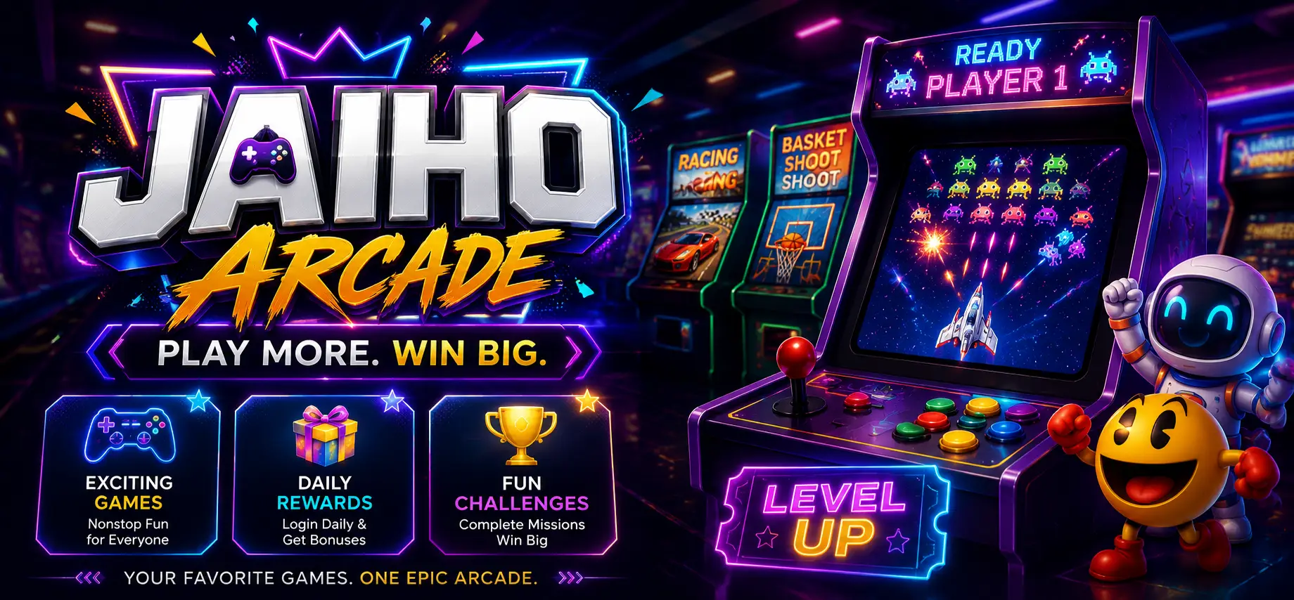 Jaiho Arcade Game App interface showing multiple games and features on Android