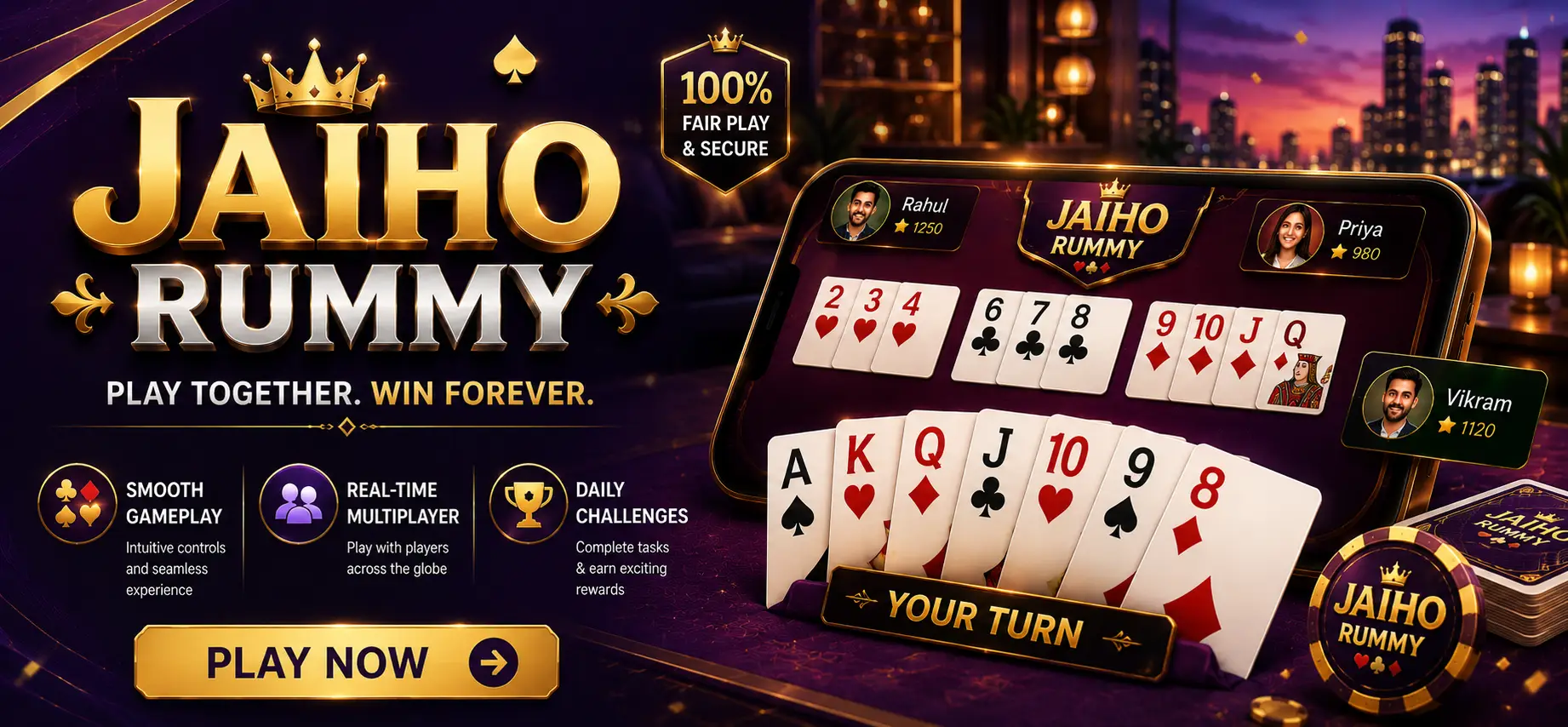 Jaiho Rummy App card game table interface on an Android smartphone