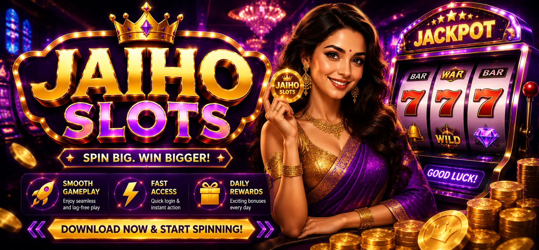 Premium Jaiho Slots featured banner with vibrant purple and gold lighting, stylish character artwork in traditional attire, cinematic slot machine visuals, glowing typography, and feature highlights promoting smooth gameplay and daily rewards.
