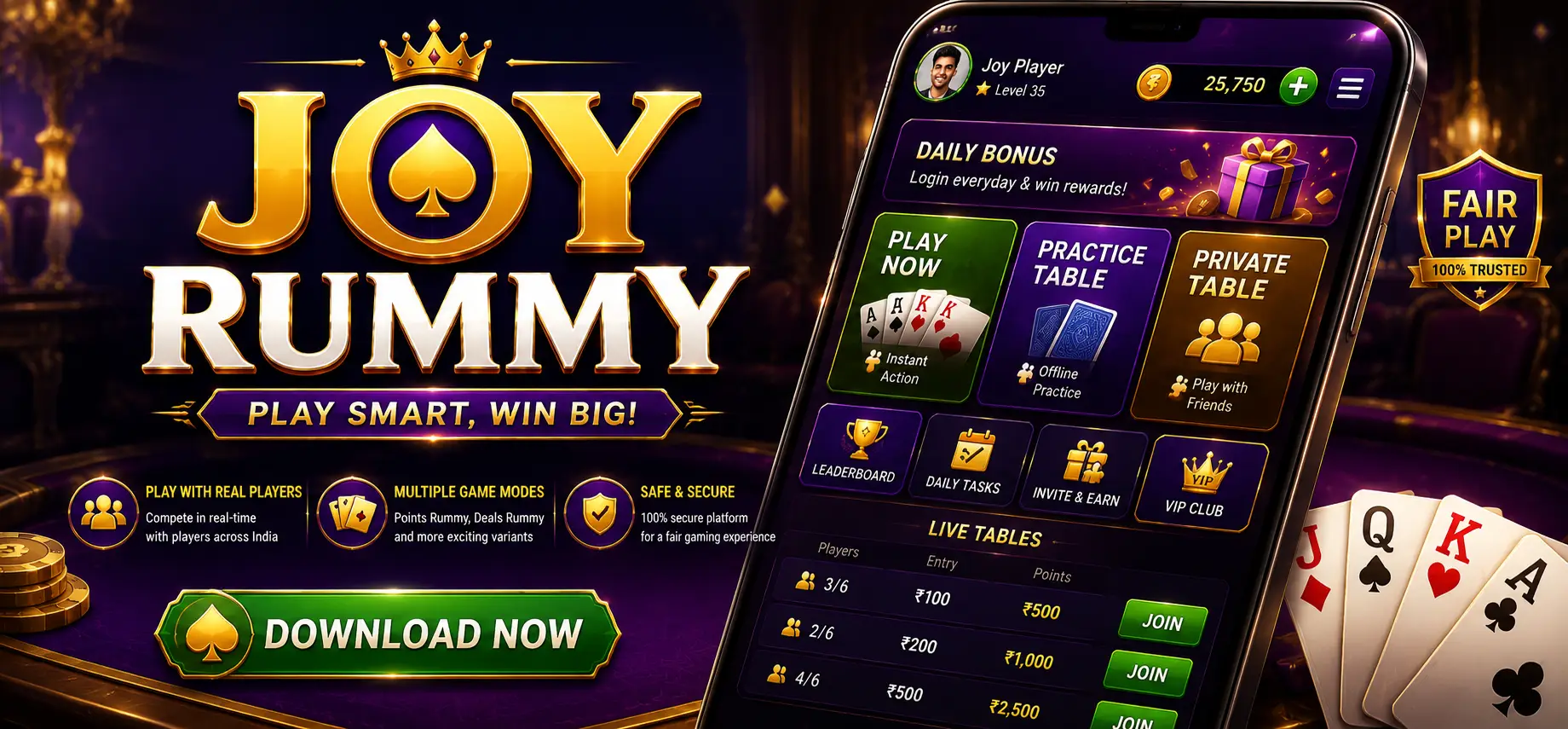 Premium featured banner for Joy Rummy mobile card game featuring cinematic purple and gold lighting, modern competitive gameplay interface, stylish playing card visuals, immersive multiplayer atmosphere, and polished mobile gaming UI design.