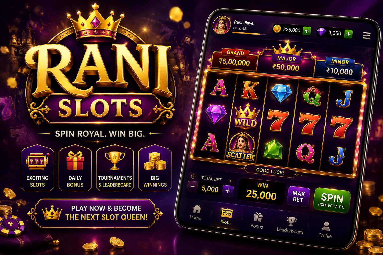 Rani Slots app banner with royal slot game interface