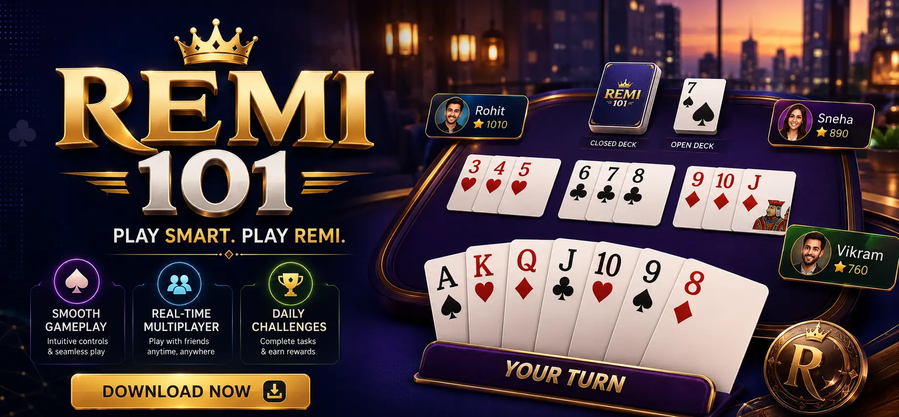 Remi 101 App card game interface displayed on an Android smartphone screen