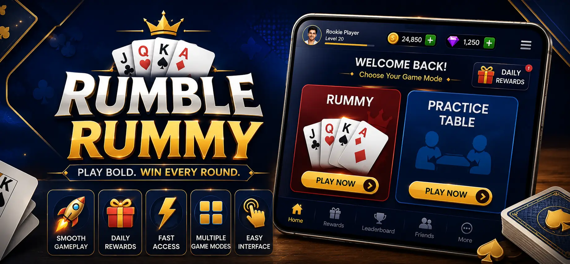 Rumble Rummy app banner with modern rummy gameplay interface