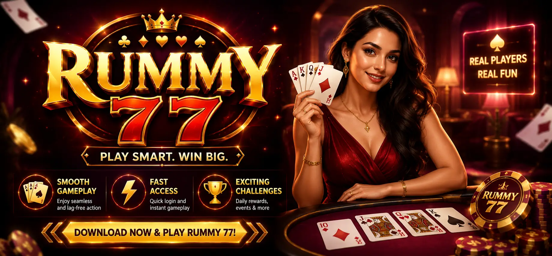 Premium featured banner for Rummy 77 showing a stylish card game environment with cinematic red and gold lighting, elegant typography, realistic playing cards, and competitive gameplay highlights designed for mobile gaming audiences.