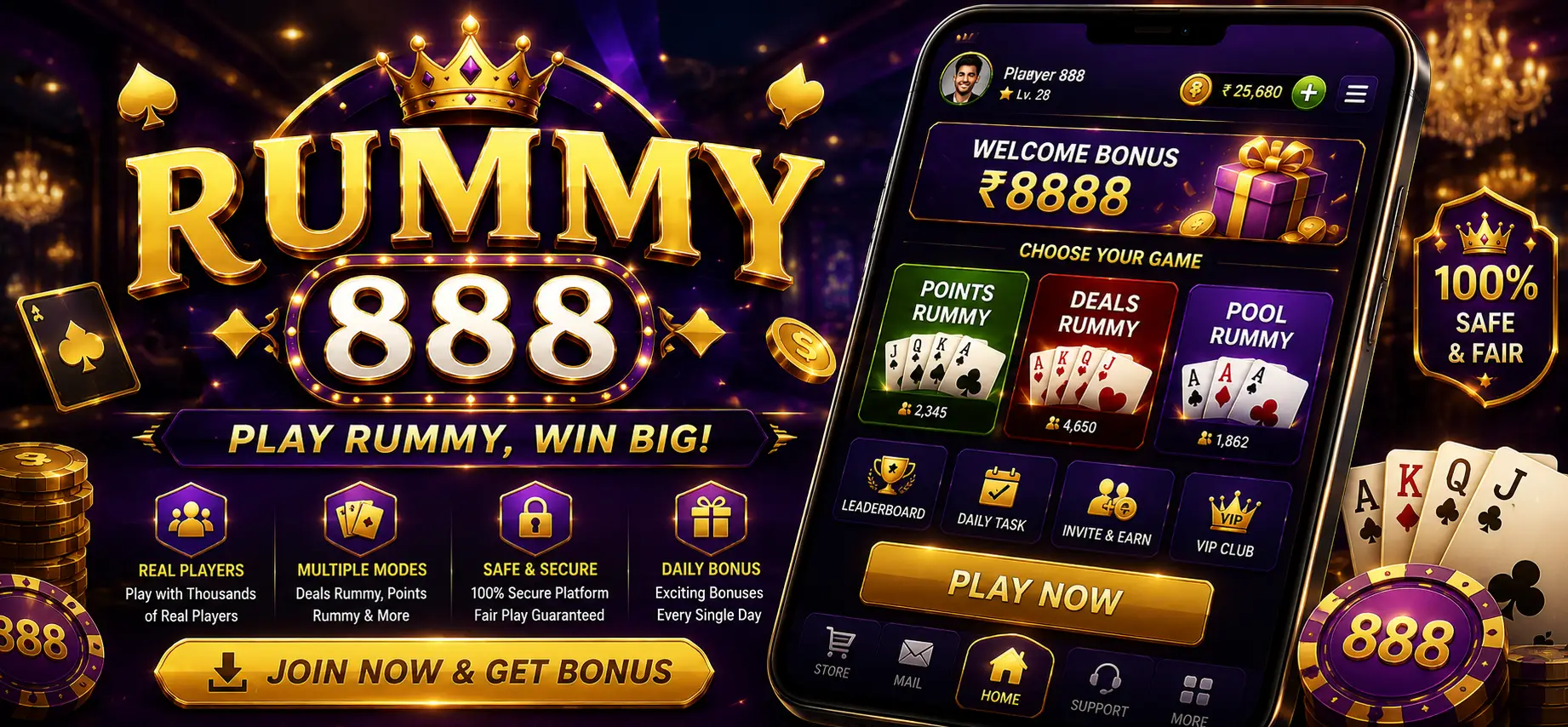 Luxury featured banner for Rummy 888 mobile card game featuring cinematic gold and purple lighting, elegant multiplayer card tables, premium mobile gaming interface, stylish playing card visuals, and immersive competitive gameplay atmosphere.