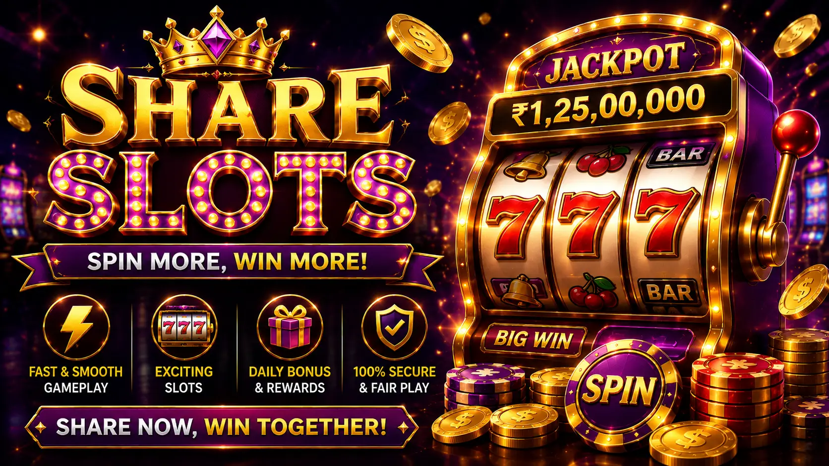 Share Slots Android app displaying a vibrant slot machine game screen on a mobile device