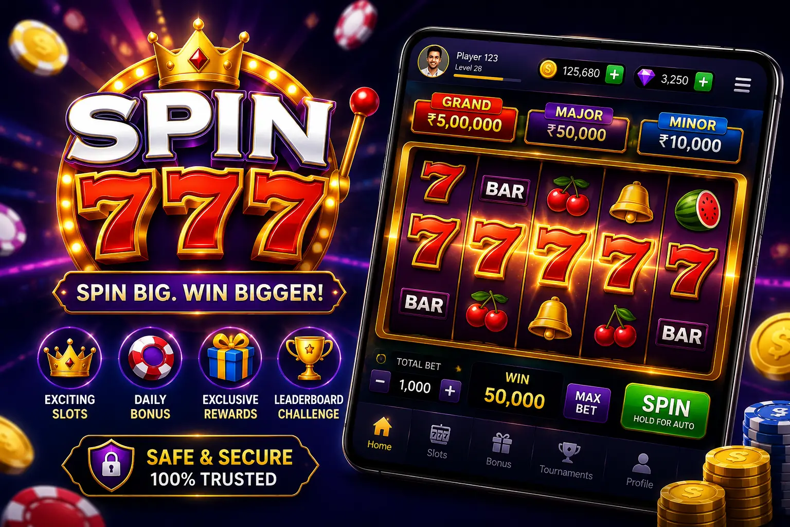 Spin 777 app banner with modern slot game interface