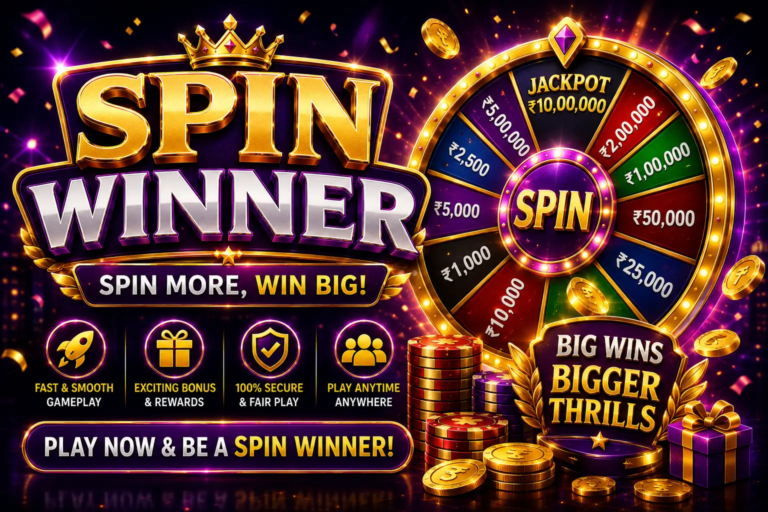Vibrant Spin Winner featured banner with a glowing jackpot wheel, floating gold coins, cinematic purple lighting, and bold luxury typography designed for an exciting mobile spin game experience.