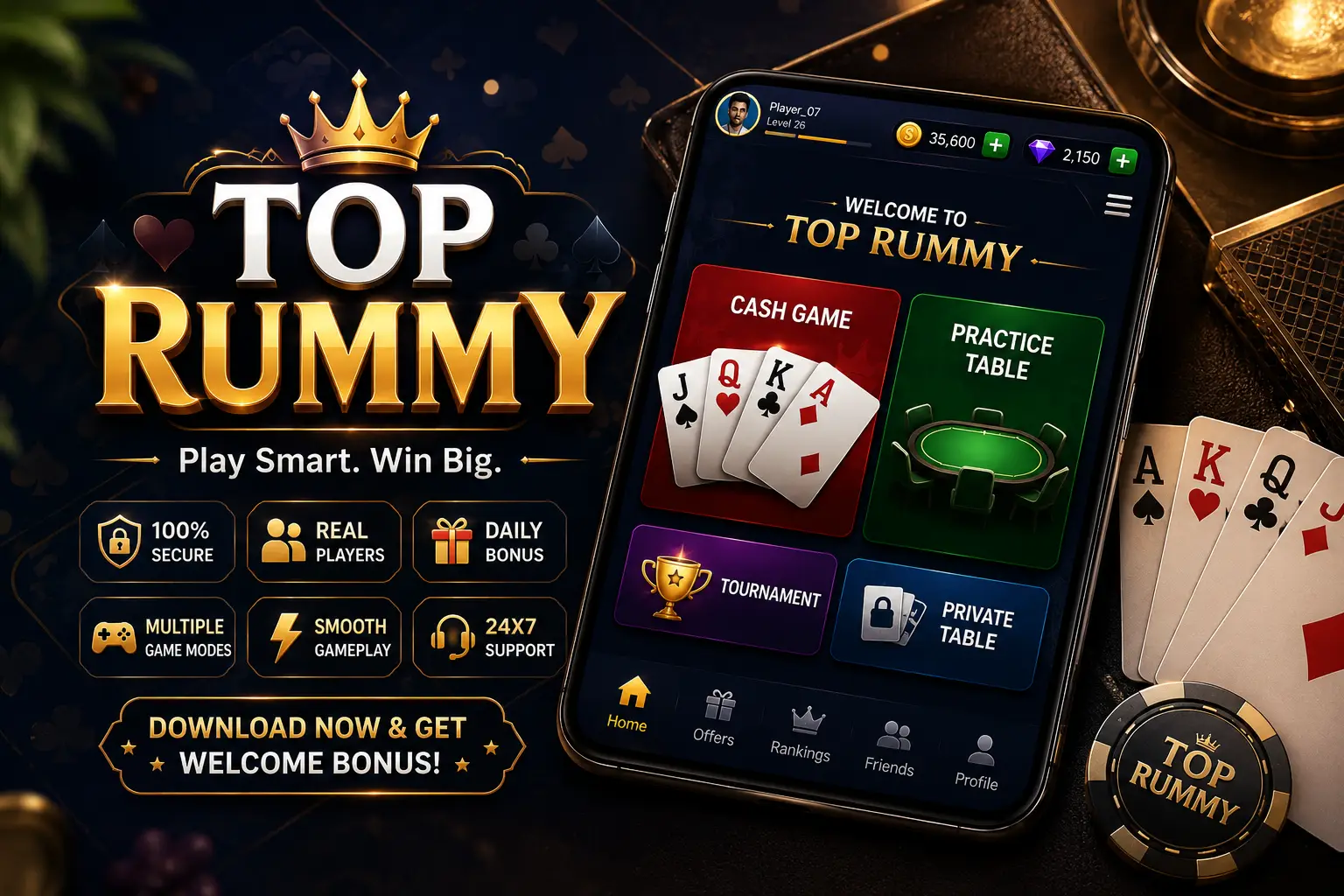 Top Rummy app banner with premium rummy gameplay interface