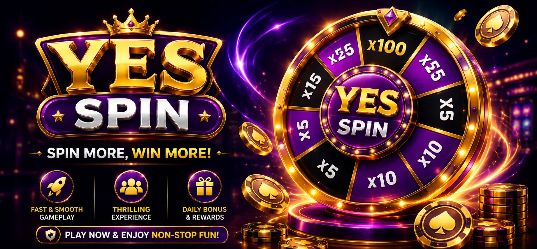 Dynamic Yes Spin featured banner with a glowing purple and gold spin wheel, cinematic neon lighting, floating gold coins, and bold premium typography designed for a modern mobile gaming experience.