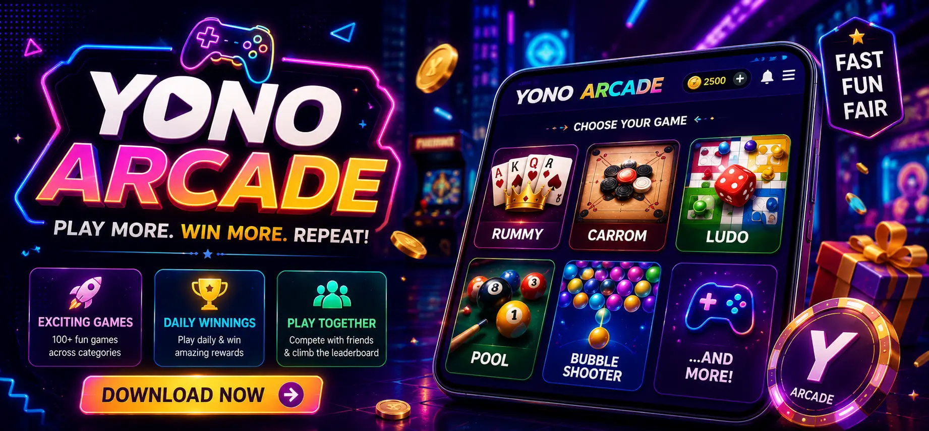 Yono Arcade App multi-game interface displayed on an Android smartphone