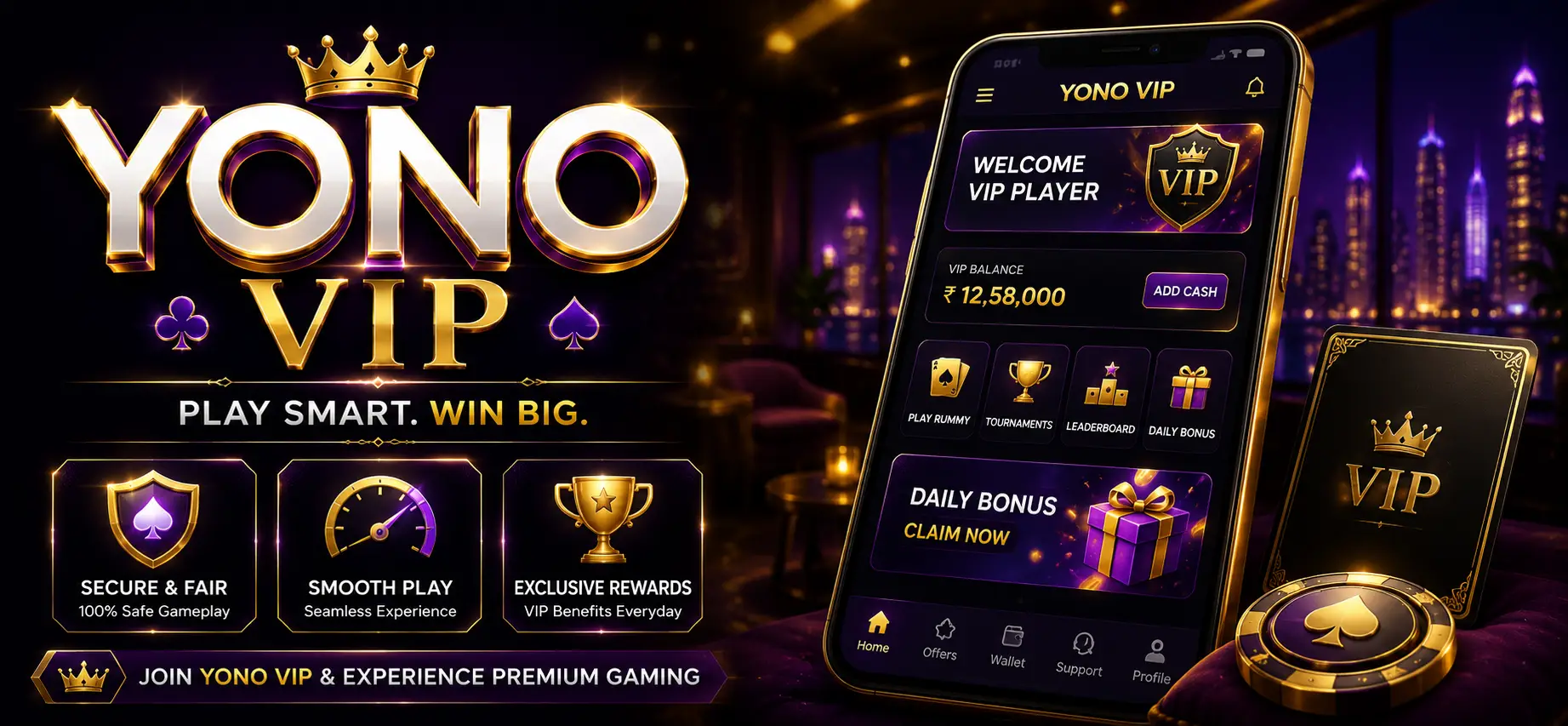 Yono Vip Game App homescreen showing game options and reward features on Android